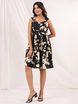 Women's Black & Cream Pure Cotton Floral Printed Fit & Flare Dress
