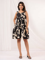 Women's Black & Cream Pure Cotton Floral Printed Fit & Flare Dress