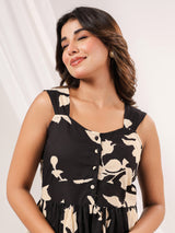 Women's Black & Cream Pure Cotton Floral Printed Fit & Flare Dress