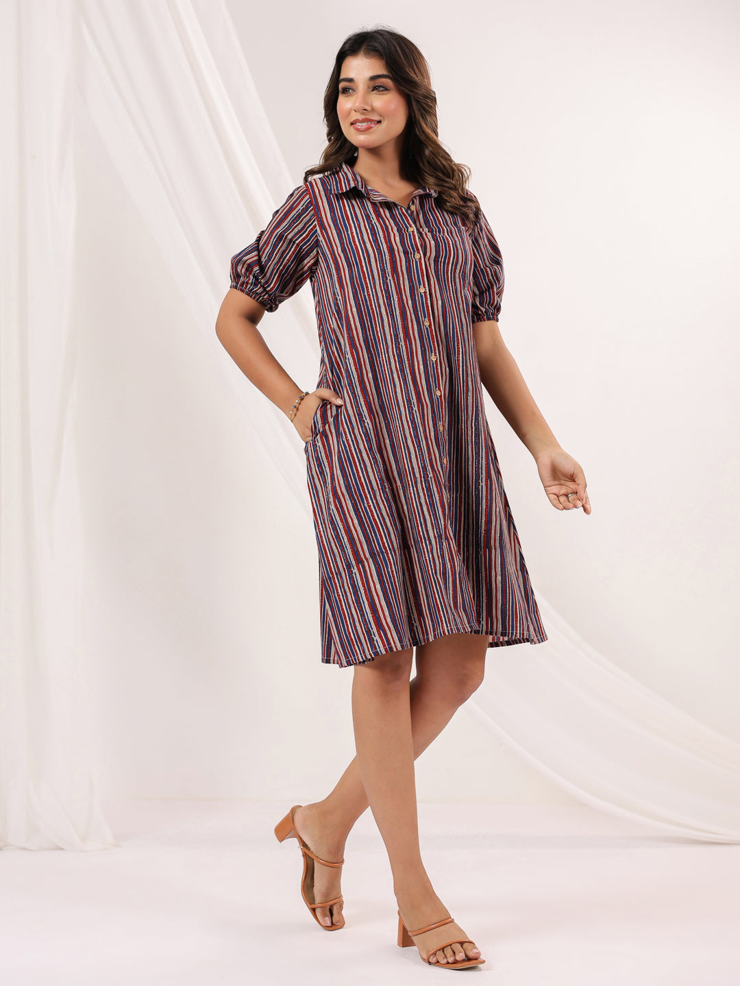 Women's Multicolor Pure Cotton Striped A-line Dress