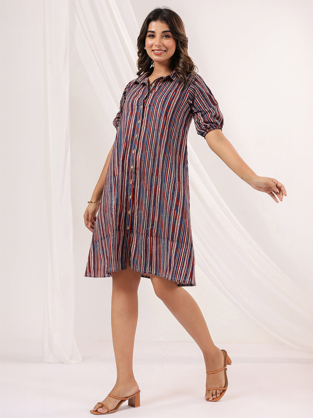 Women's Multicolor Pure Cotton Striped A-line Dress