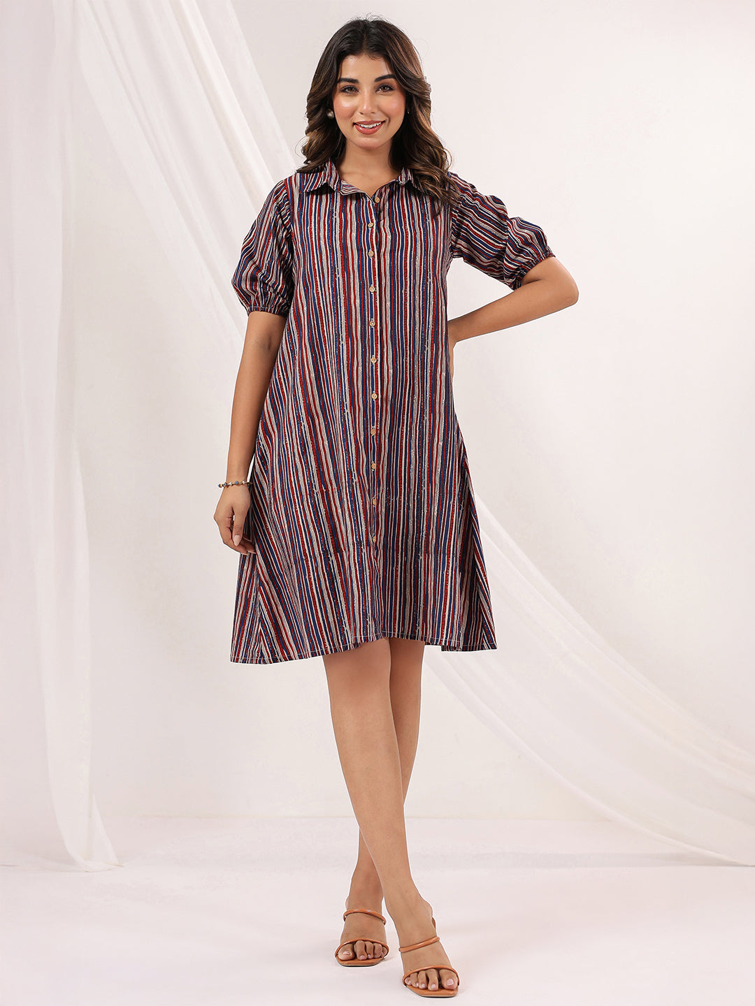 Women's Multicolor Pure Cotton Striped A-line Dress