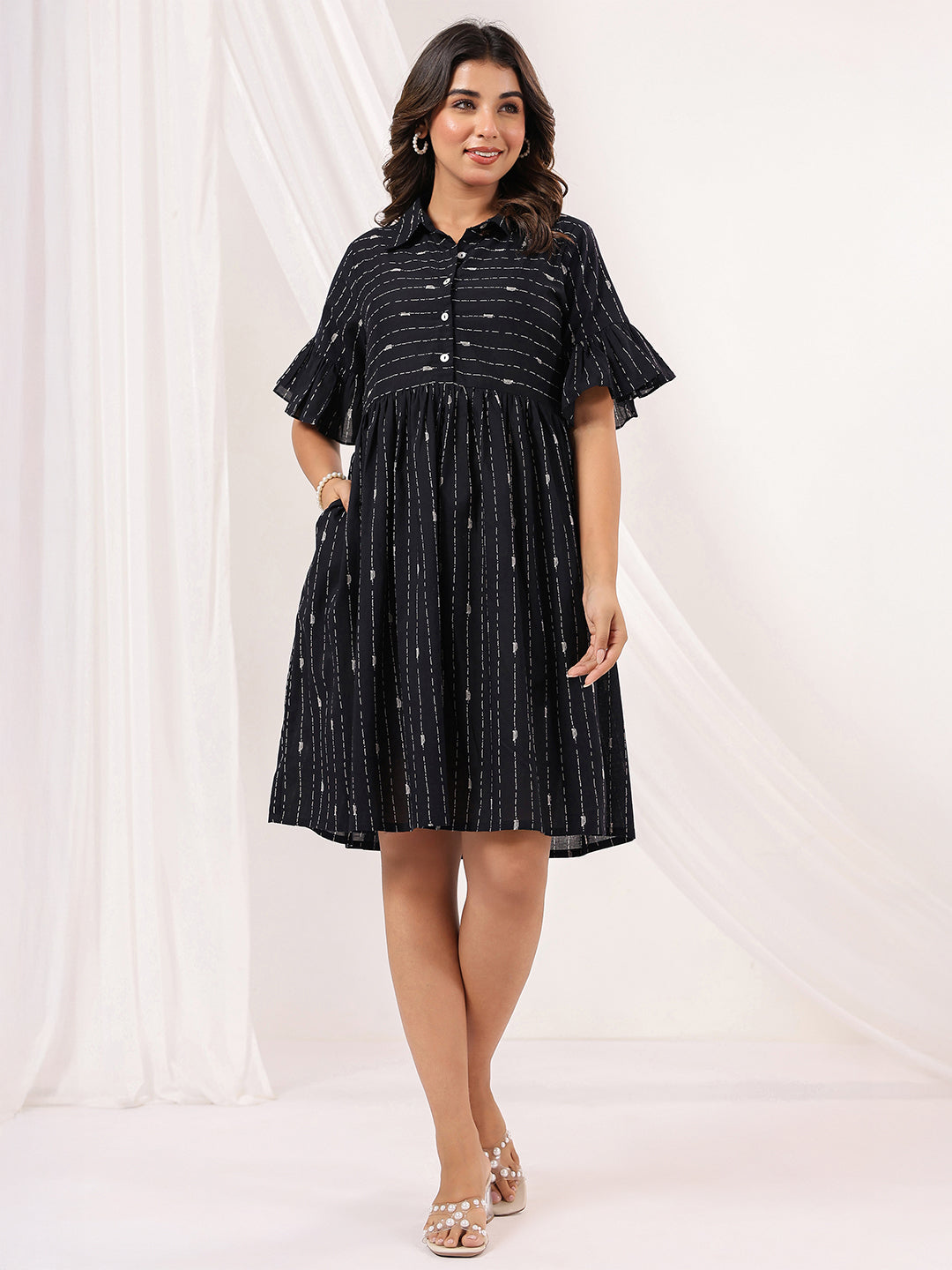 Women's Black Cotton Abstract Printed A line Dress