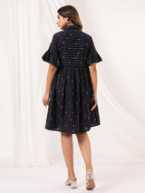 Women's Black Cotton Abstract Printed A line Dress
