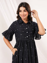 Women's Black Cotton Abstract Printed A line Dress