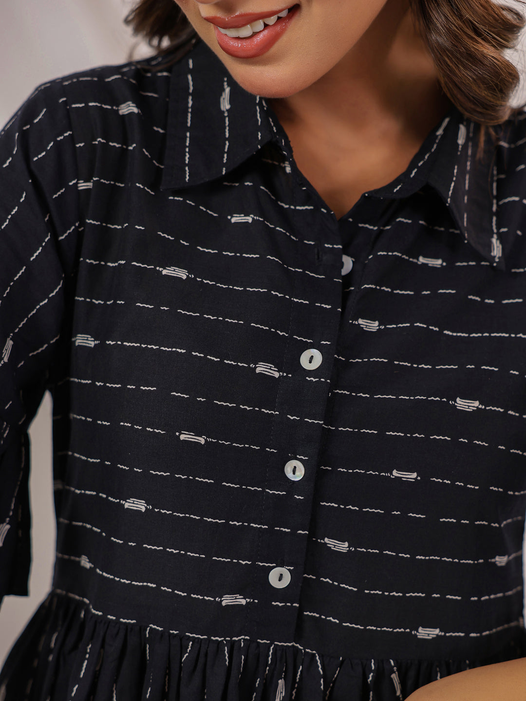 Women's Black Cotton Abstract Printed A line Dress