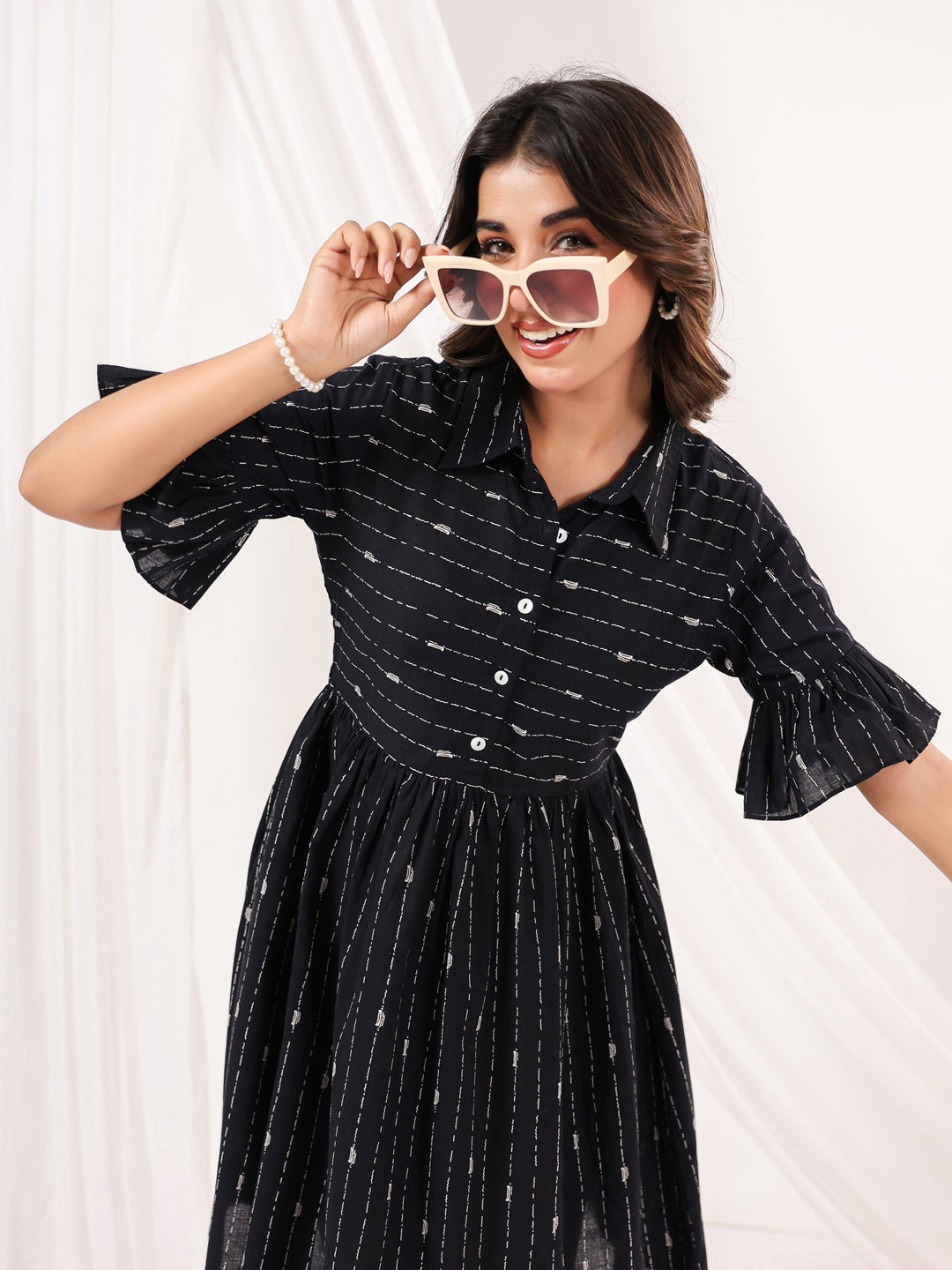 Women's Black Cotton Abstract Printed A line Dress