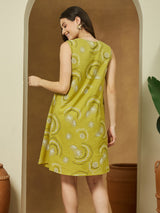 Women's Olive Green Pure Cotton Abstract Printed A-line Dress