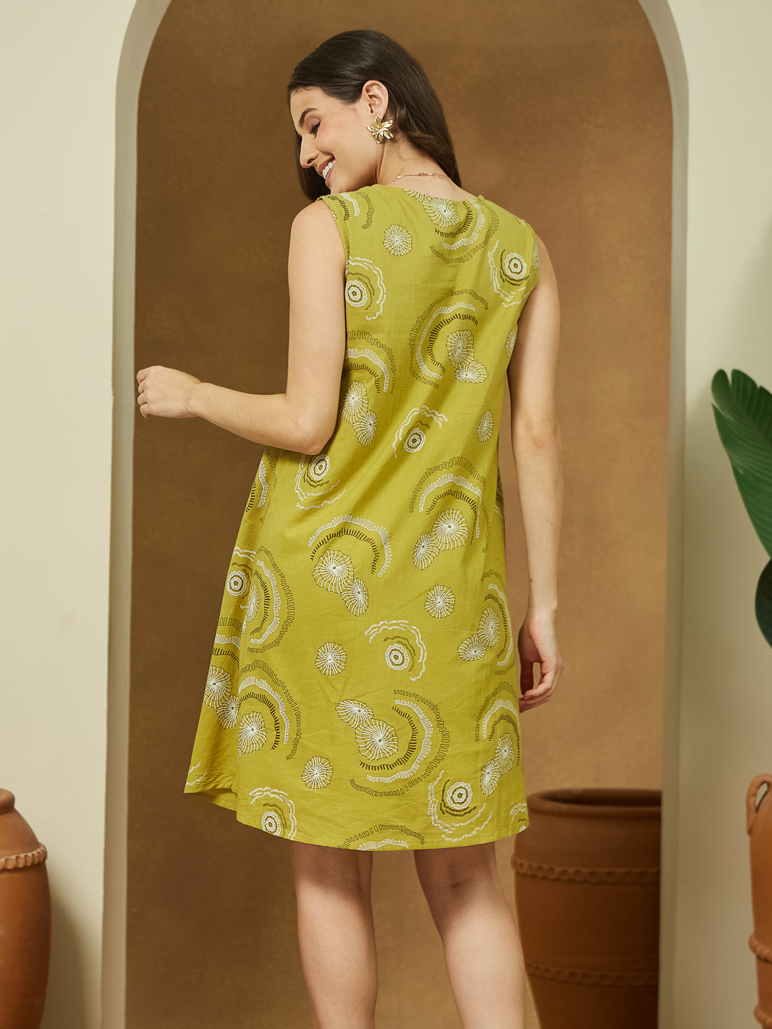 Women's Olive Green Pure Cotton Abstract Printed A-line Dress
