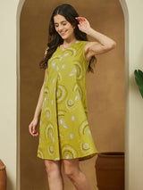 Women's Olive Green Pure Cotton Abstract Printed A-line Dress