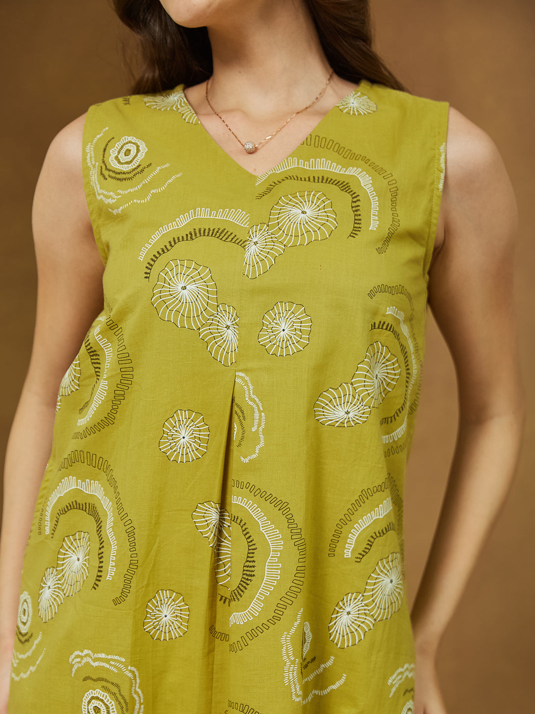 Women's Olive Green Pure Cotton Abstract Printed A-line Dress