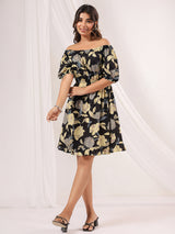 Women's Black Pure Cotton Floral Printed A line Dress