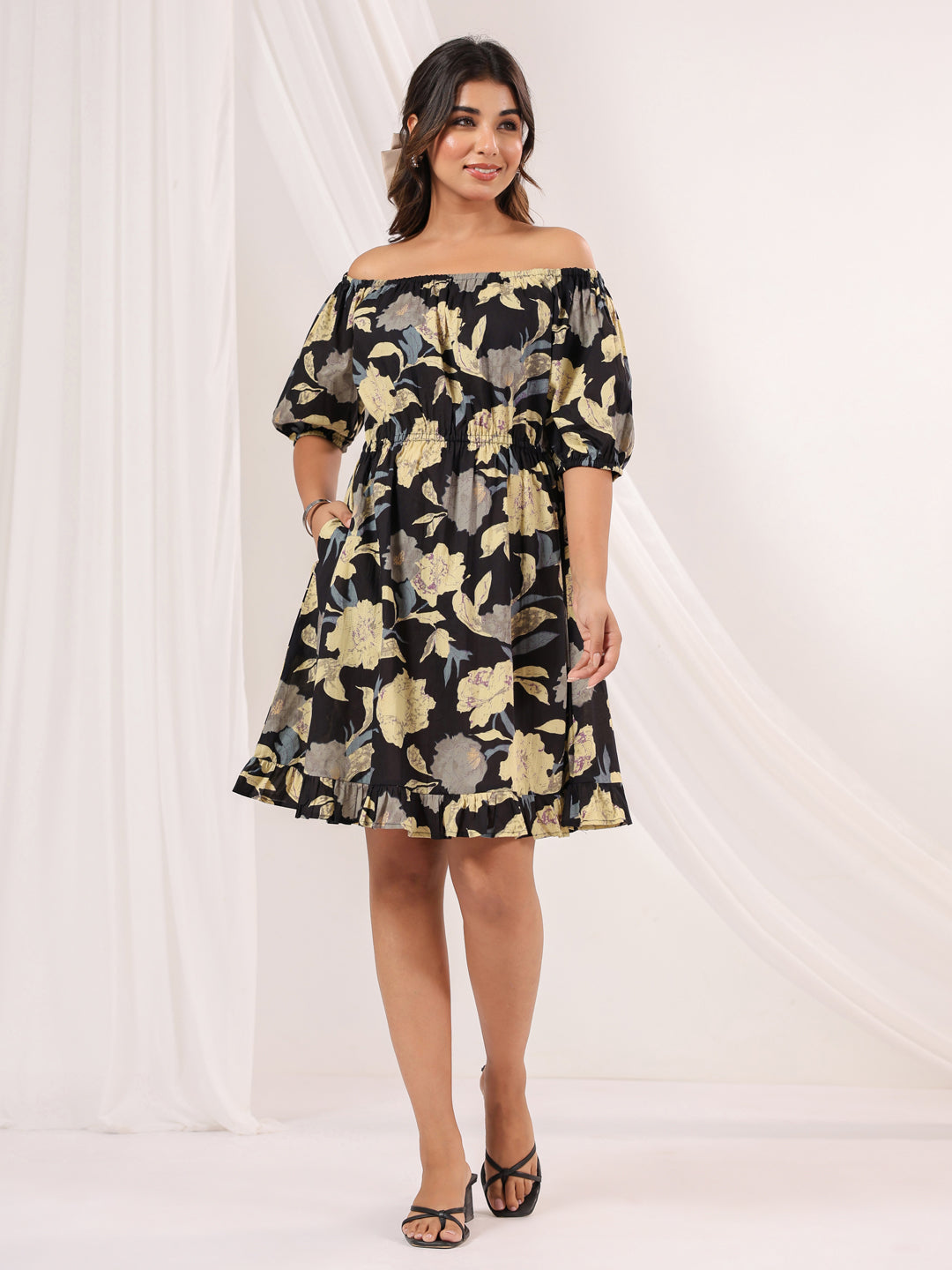 Women's Black Pure Cotton Floral Printed A line Dress