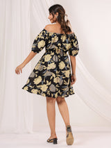 Women's Black Pure Cotton Floral Printed A line Dress