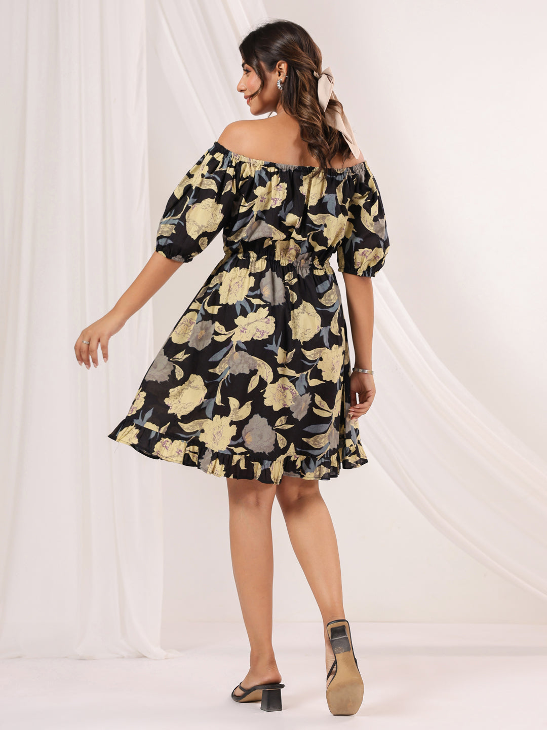 Women's Black Pure Cotton Floral Printed A line Dress