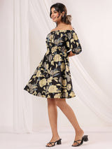 Women's Black Pure Cotton Floral Printed A line Dress