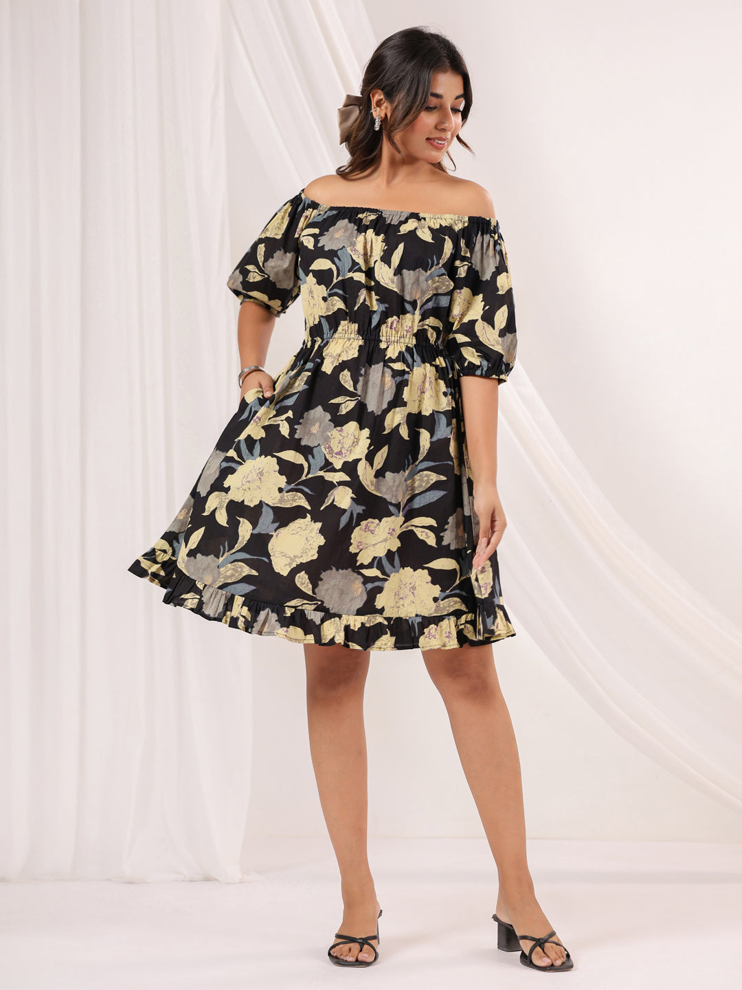 Women's Black Pure Cotton Floral Printed A line Dress