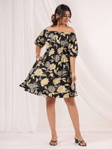 Women's Black Pure Cotton Floral Printed A line Dress