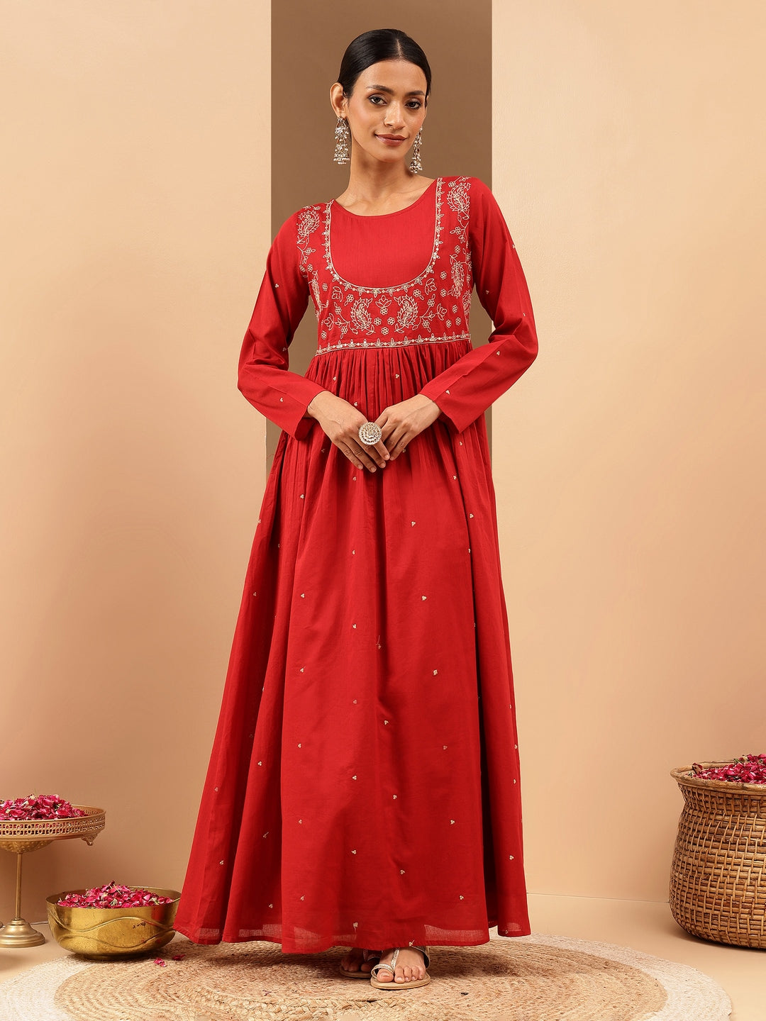 Women's Maroon Soft Pure Cotton Zari Embroidered Anarkali Flared Gown