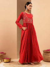 Women's Maroon Soft Pure Cotton Zari Embroidered Anarkali Flared Gown