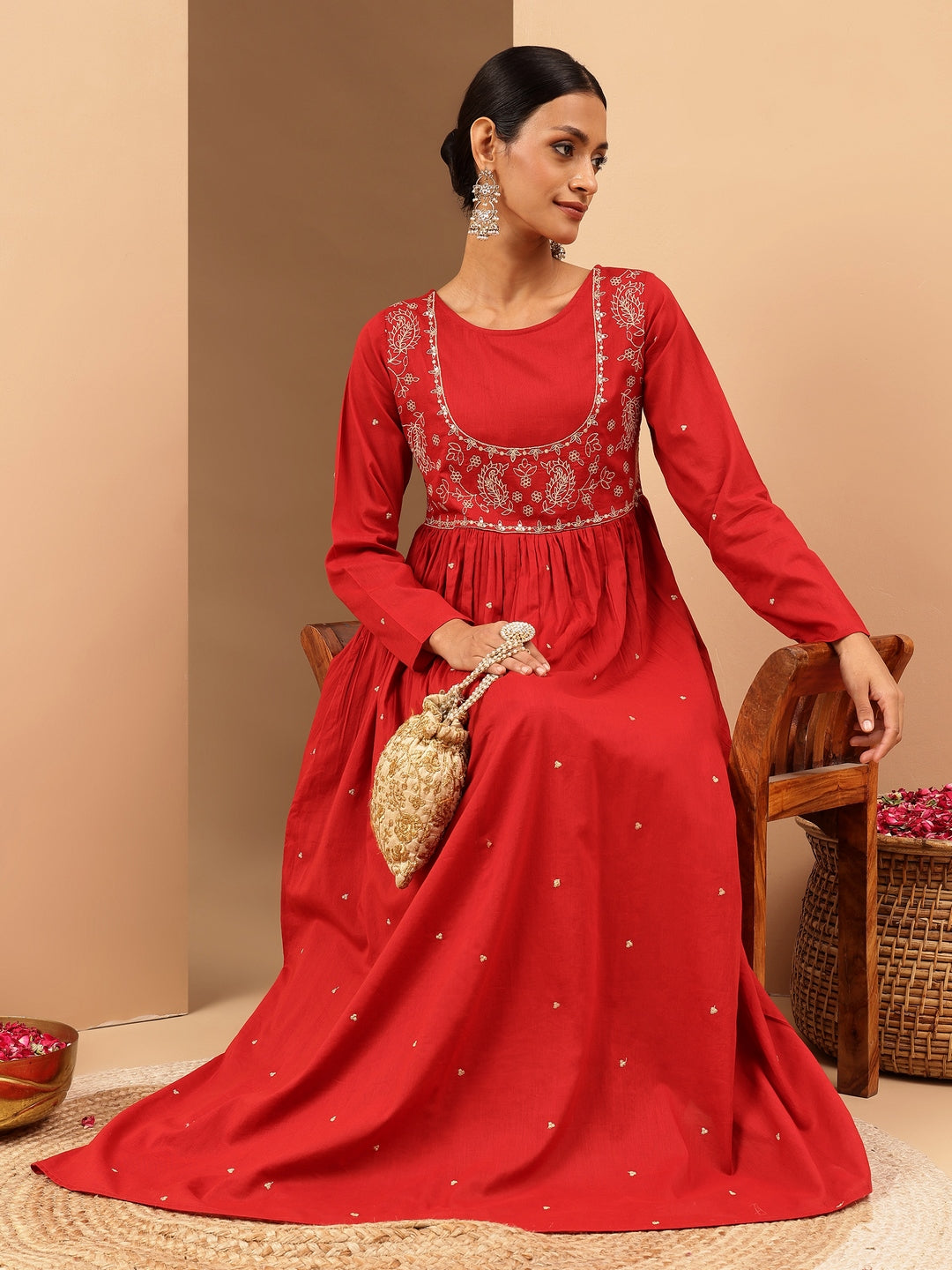 Women's Maroon Soft Pure Cotton Zari Embroidered Anarkali Flared Gown