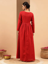 Women's Maroon Soft Pure Cotton Zari Embroidered Anarkali Flared Gown