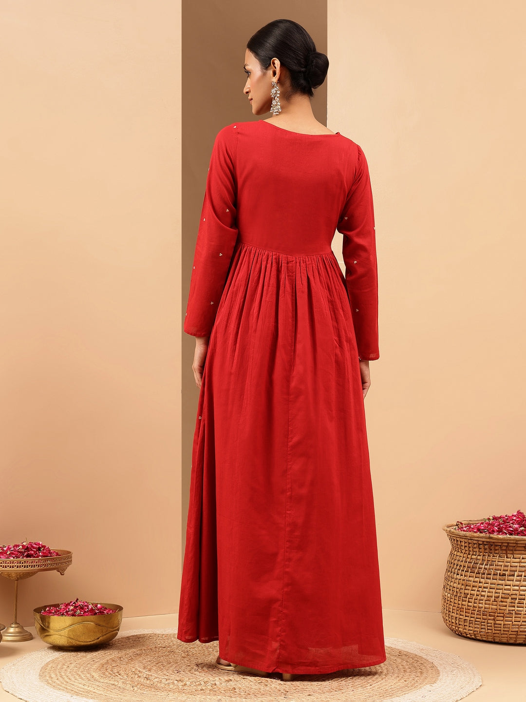 Women's Maroon Soft Pure Cotton Zari Embroidered Anarkali Flared Gown