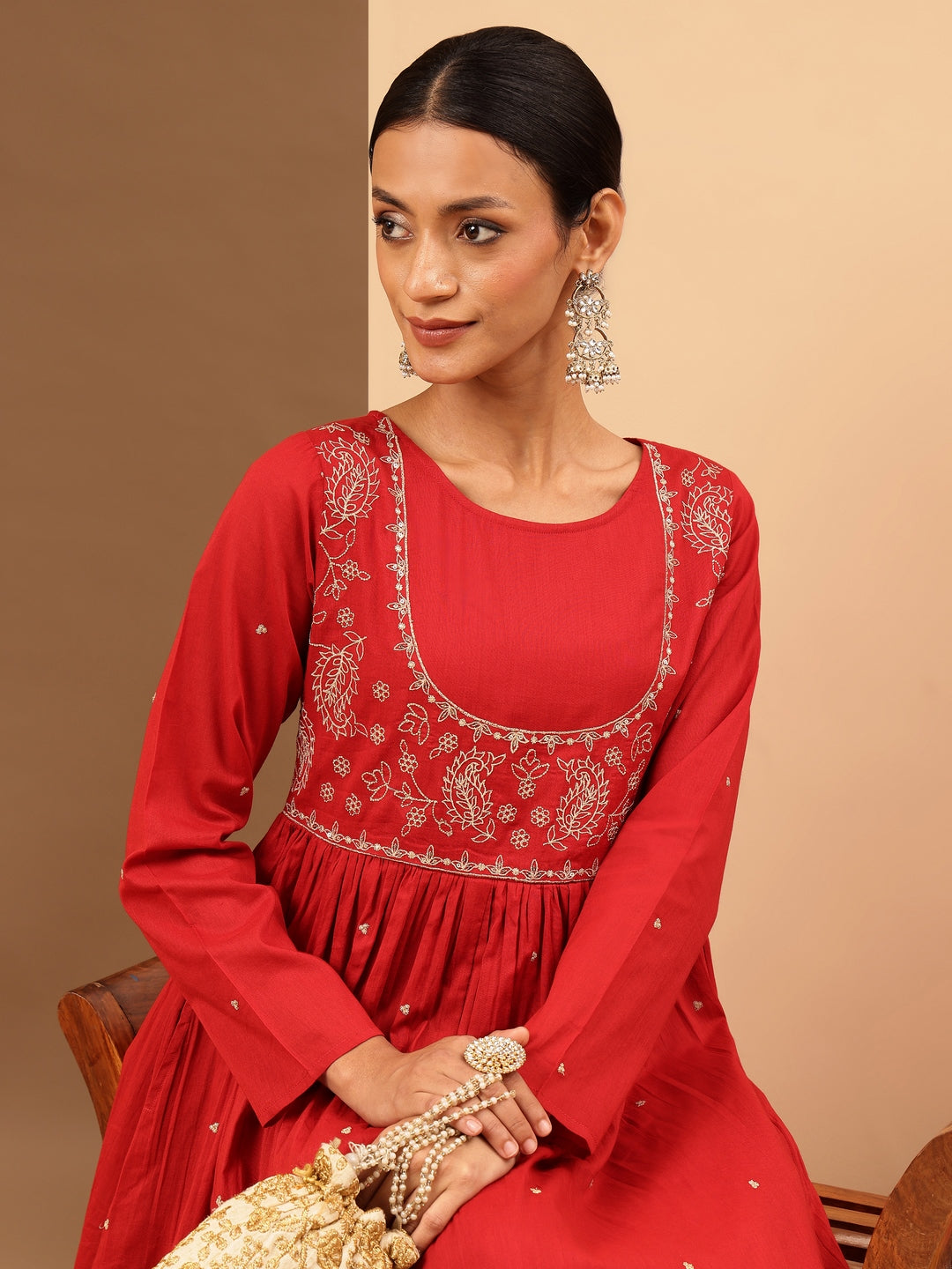 Women's Maroon Soft Pure Cotton Zari Embroidered Anarkali Flared Gown