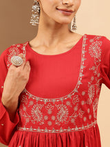 Women's Maroon Soft Pure Cotton Zari Embroidered Anarkali Flared Gown