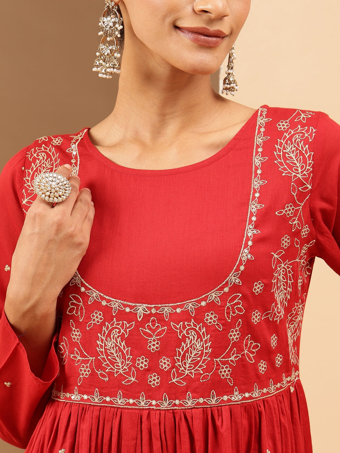 Women's Maroon Soft Pure Cotton Zari Embroidered Anarkali Flared Gown