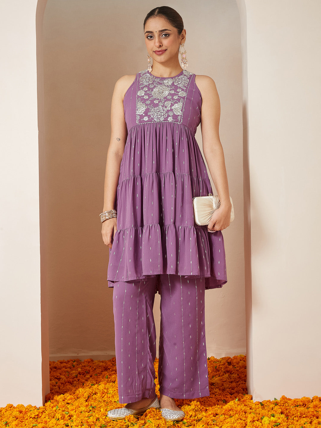 Women's Lavender Georgette Embellished Tiered Kurta With Palazzo Set