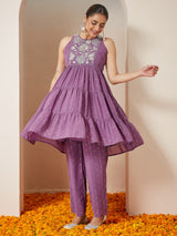 Women's Lavender Georgette Embellished Tiered Kurta With Palazzo Set