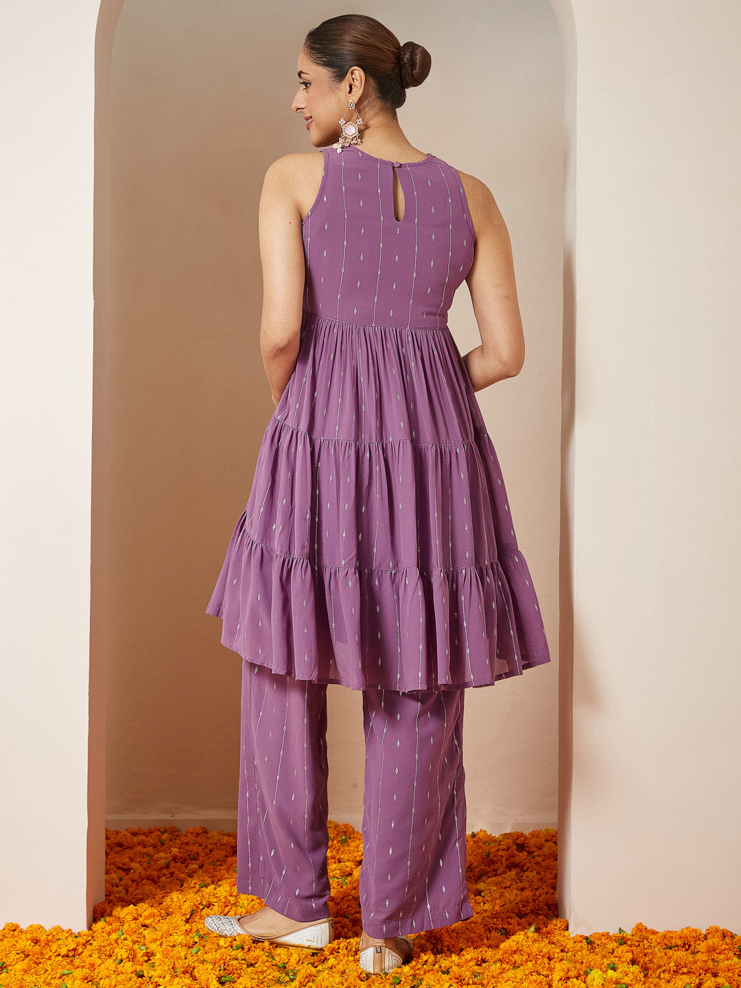 Women's Lavender Georgette Embellished Tiered Kurta With Palazzo Set