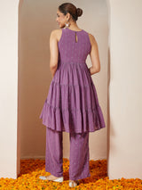 Women's Lavender Georgette Embellished Tiered Kurta With Palazzo Set