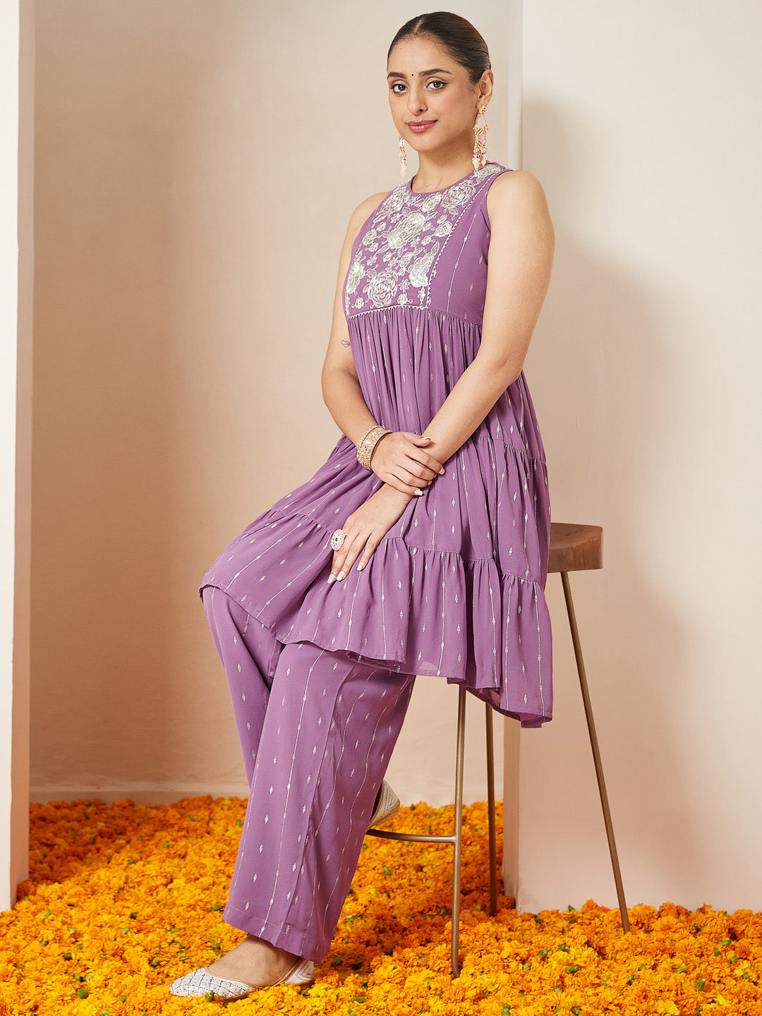 Women's Lavender Georgette Embellished Tiered Kurta With Palazzo Set