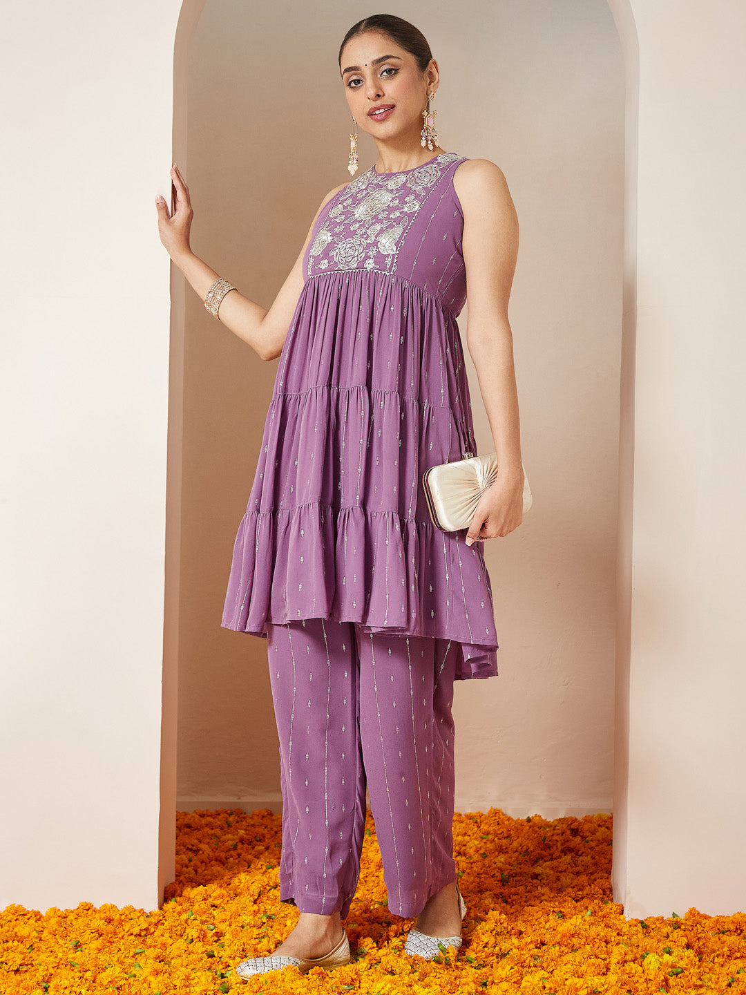 Women's Lavender Georgette Embellished Tiered Kurta With Palazzo Set