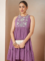 Women's Lavender Georgette Embellished Tiered Kurta With Palazzo Set
