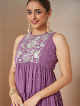 Women's Lavender Georgette Embellished Tiered Kurta With Palazzo Set