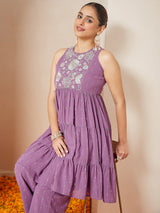 Women's Lavender Georgette Embellished Tiered Kurta With Palazzo Set