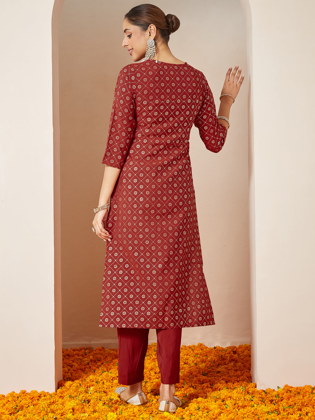 Women's Maroon Chanderi Silk Embellished Gold Printed Front Slit Kurta Pant Set