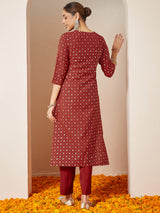 Women's Maroon Chanderi Silk Embellished Gold Printed Front Slit Kurta Pant Set