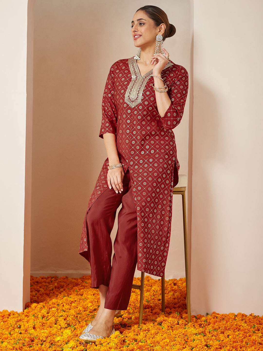 Women's Maroon Chanderi Silk Embellished Gold Printed Front Slit Kurta Pant Set