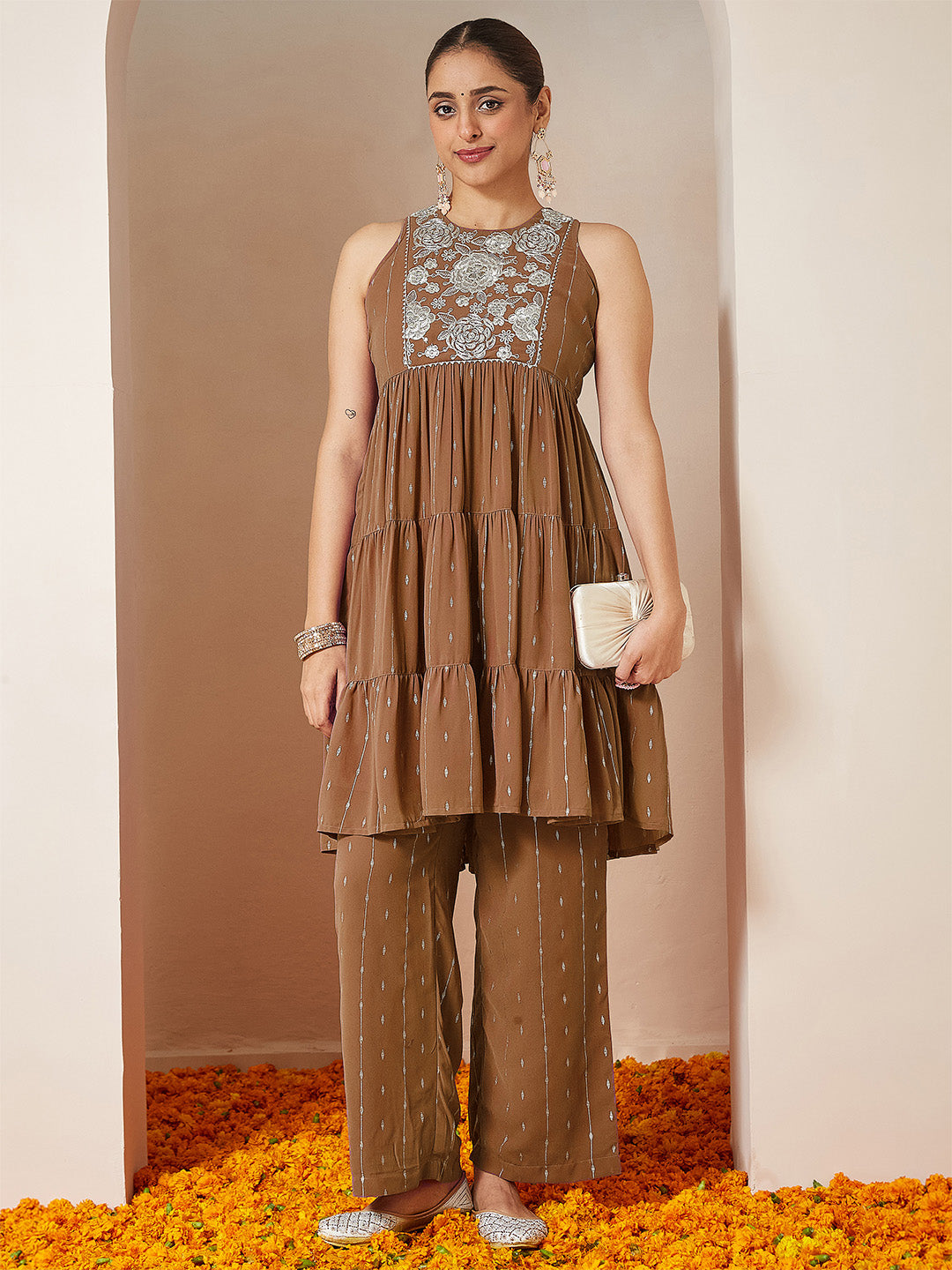 Women's Brown Georgette Embellished Tiered Kurta With Palazzo Set