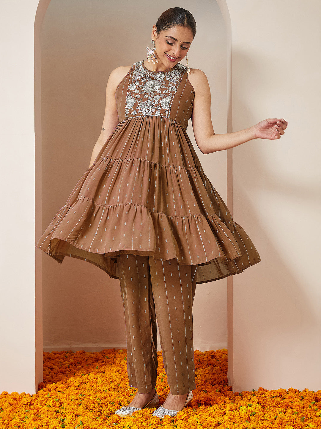 Women's Brown Georgette Embellished Tiered Kurta With Palazzo Set