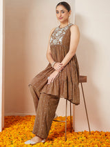 Women's Brown Georgette Embellished Tiered Kurta With Palazzo Set