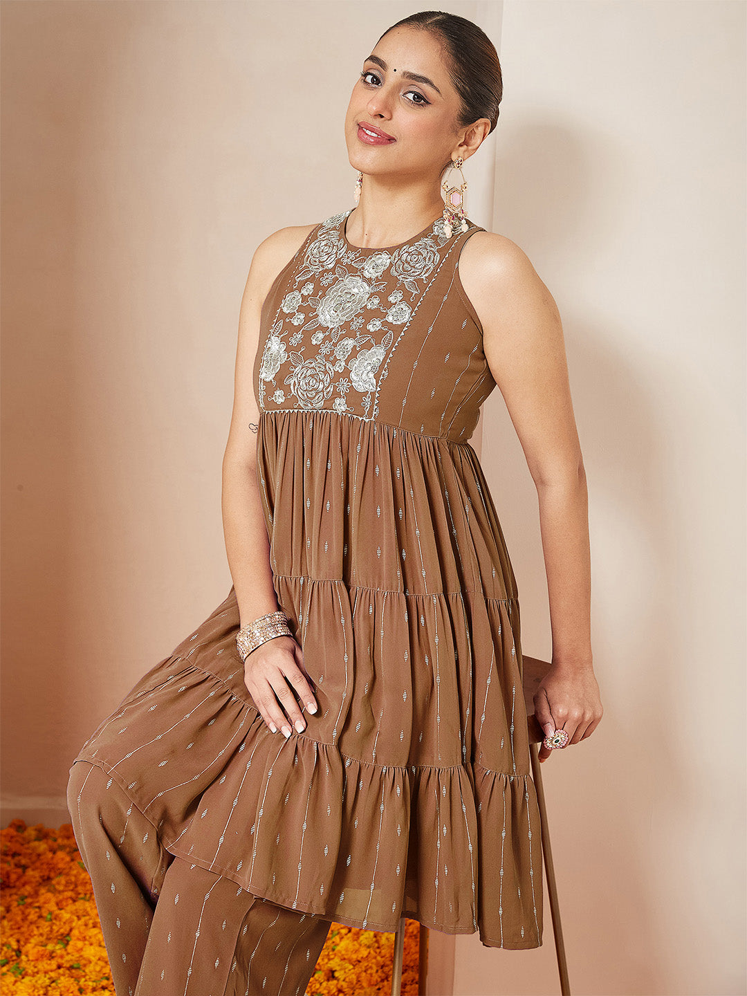 Women's Brown Georgette Embellished Tiered Kurta With Palazzo Set