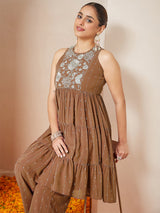 Women's Brown Georgette Embellished Tiered Kurta With Palazzo Set