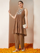 Women's Brown Georgette Embellished Tiered Kurta With Palazzo Set