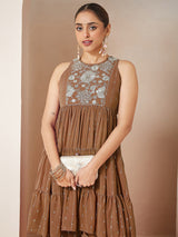 Women's Brown Georgette Embellished Tiered Kurta With Palazzo Set
