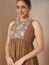 Women's Brown Georgette Embellished Tiered Kurta With Palazzo Set